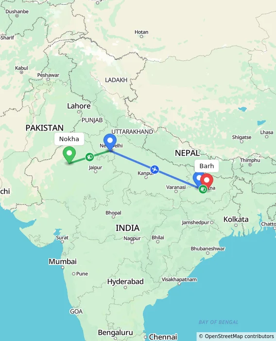 Route map showing distance and travel time from Nokha, India to Barh, India