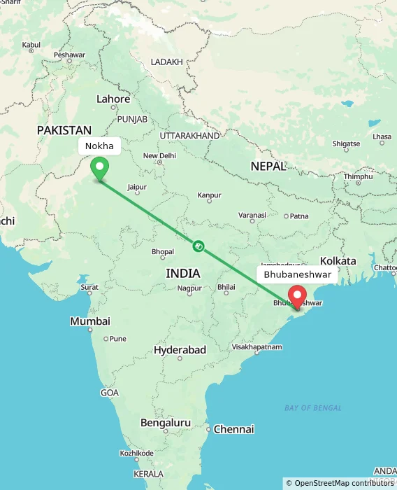 Route map showing distance and travel time from Nokha, India to Bhubaneshwar, India