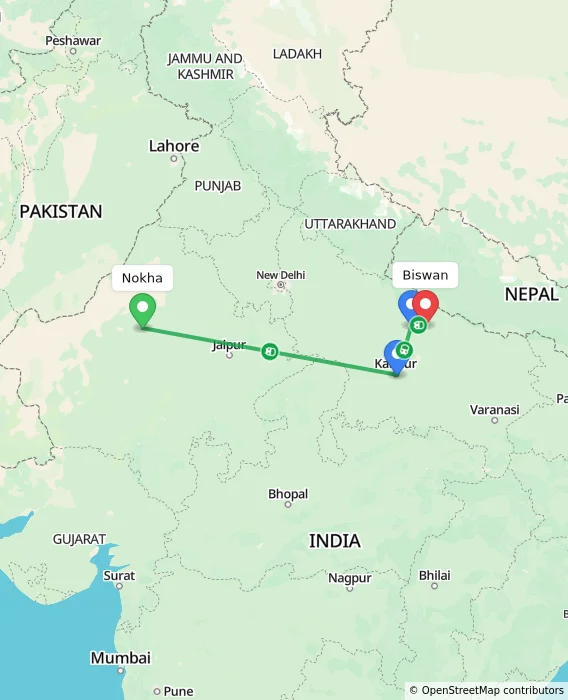 Route map showing distance and travel time from Nokha, India to Biswan, India