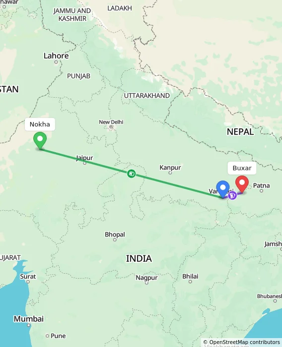 Route map showing distance and travel time from Nokha, India to Buxar, India