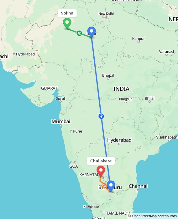 Route map showing distance and travel time from Nokha, India to Challakere, India