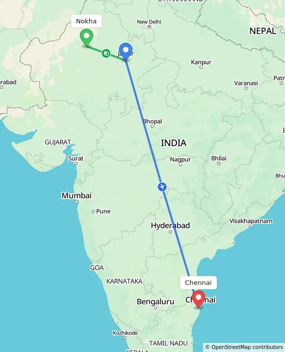 Route map showing distance and travel time from Nokha, India to Chennai, India