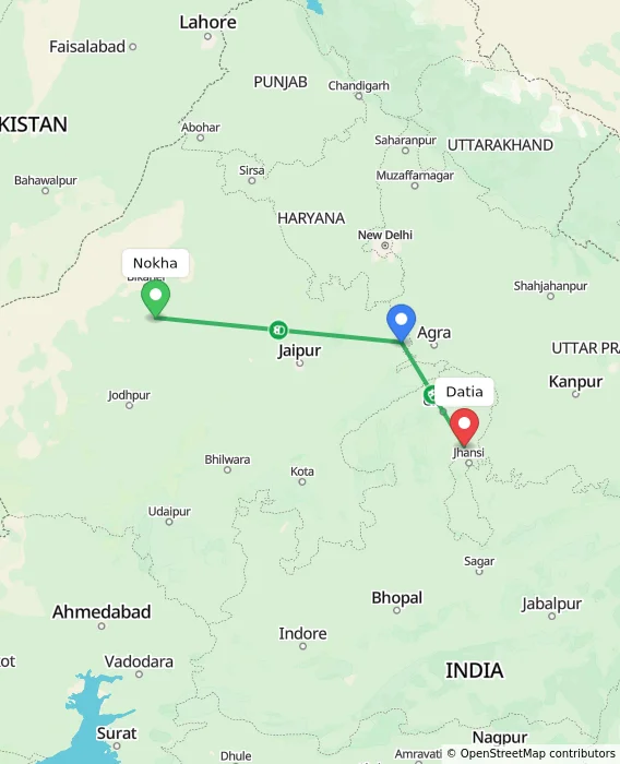 Route map showing distance and travel time from Nokha, India to Datia, India