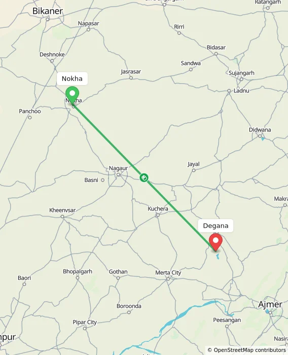 Route map showing distance and travel time from Nokha, India to Degana, India