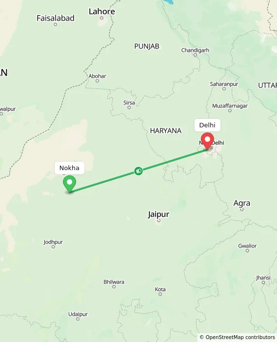 Route map showing distance and travel time from Nokha, India to Delhi, India