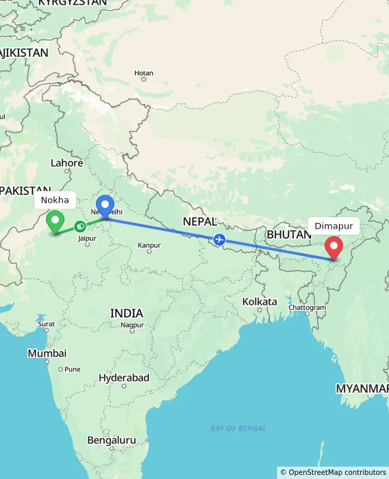 Route map showing distance and travel time from Nokha, India to Dimapur, India