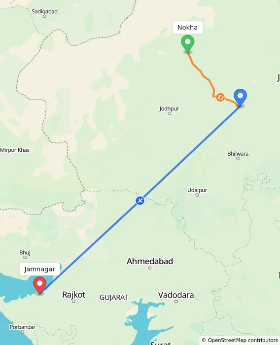 Route map showing distance and travel time from Nokha, India to Jamnagar, India