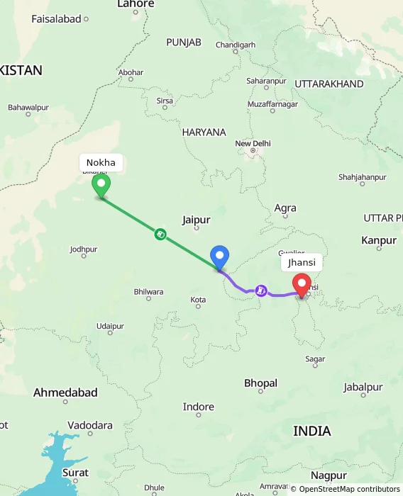 Route map showing distance and travel time from Nokha, India to Jhansi, India