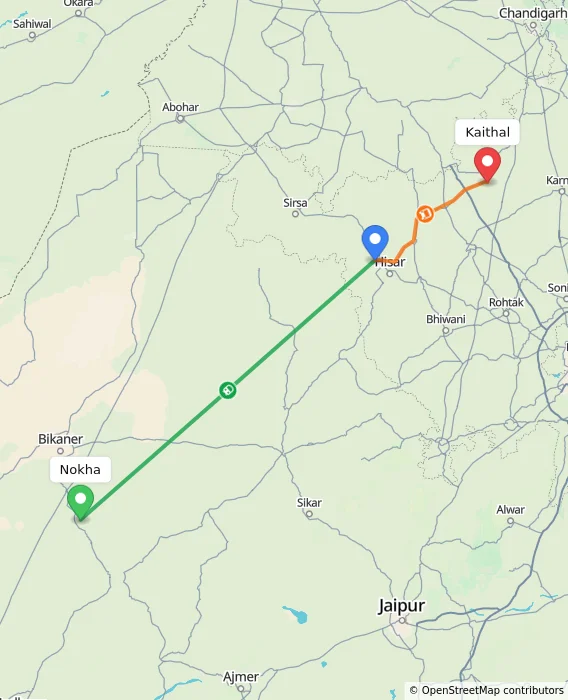 Route map showing distance and travel time from Nokha, India to Kaithal, India