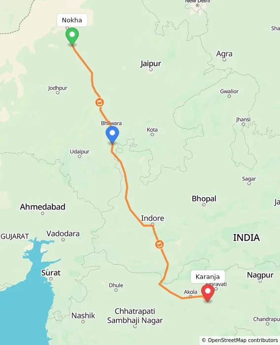 Route map showing distance and travel time from Nokha, India to Karanja, India