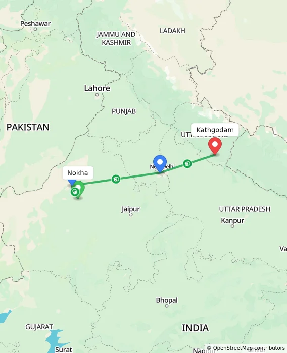 Route map showing distance and travel time from Nokha, India to Kathgodam, India