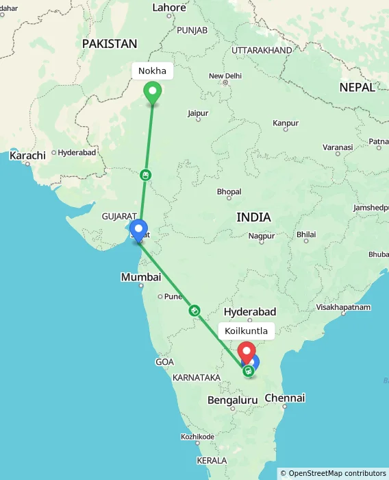 Route map showing distance and travel time from Nokha, India to Koilkuntla, India