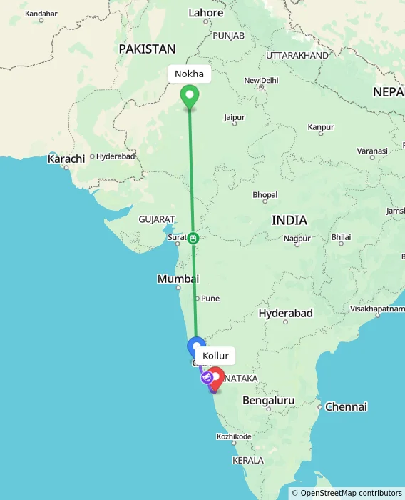 Route map showing distance and travel time from Nokha, India to Kollur, India