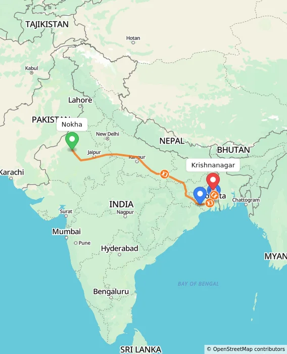Route map showing distance and travel time from Nokha, India to Krishnanagar, India