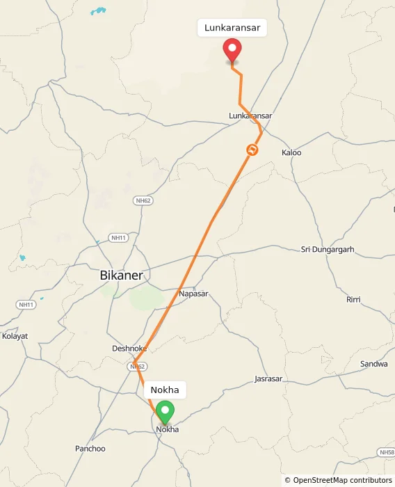 Route map showing distance and travel time from Nokha, India to Lunkaransar, India