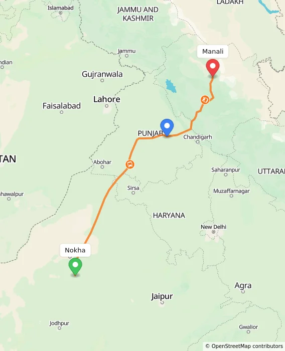 Route map showing distance and travel time from Nokha, India to Manali, India