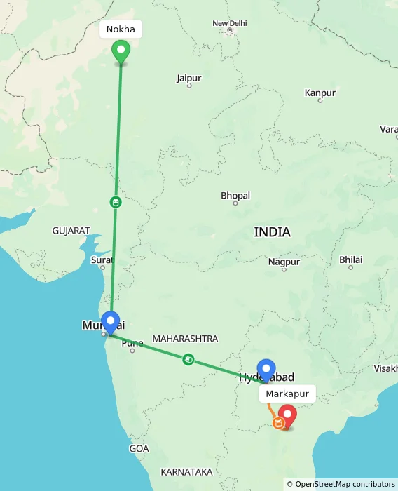 Route map showing distance and travel time from Nokha, India to Markapur, India