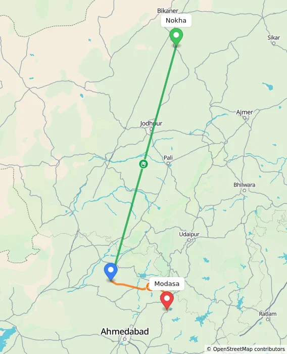 Route map showing distance and travel time from Nokha, India to Modasa, India