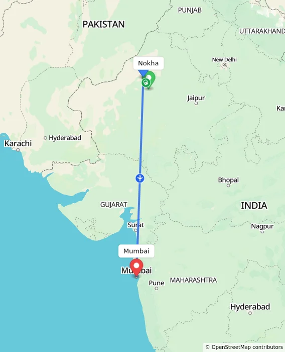 Route map showing distance and travel time from Nokha, India to Mumbai, India