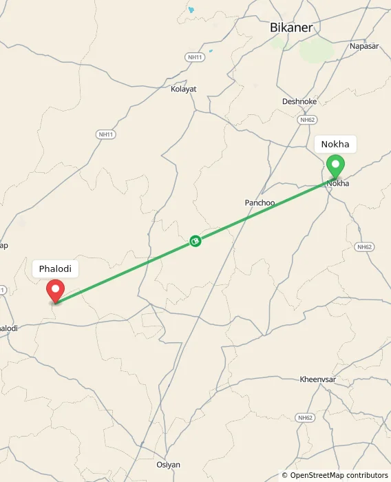 Route map showing distance and travel time from Nokha, India to Phalodi, India