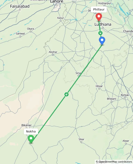 Route map showing distance and travel time from Nokha, India to Phillaur, India