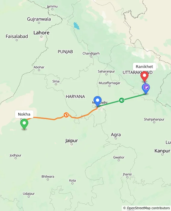 Route map showing distance and travel time from Nokha, India to Ranikhet, India