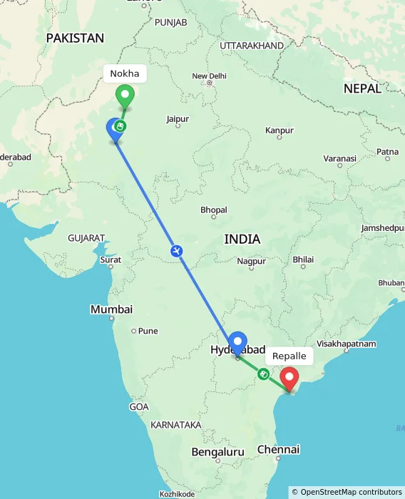 Route map showing distance and travel time from Nokha, India to Repalle, India