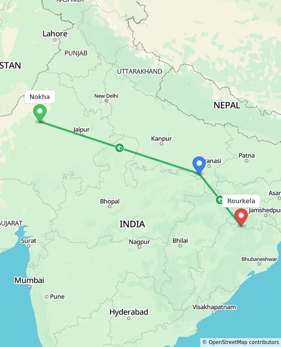 Route map showing distance and travel time from Nokha, India to Rourkela, India