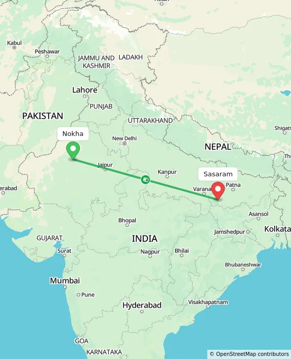 Route map showing distance and travel time from Nokha, India to Sasaram, India