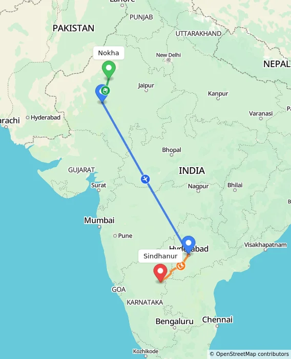 Route map showing distance and travel time from Nokha, India to Sindhanur, India