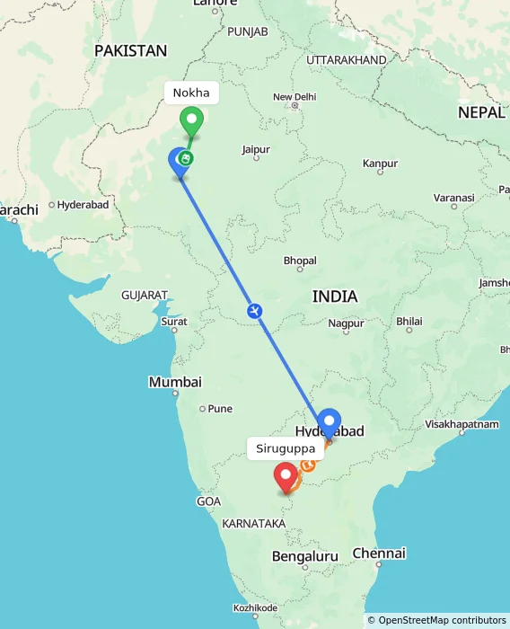 Route map showing distance and travel time from Nokha, India to Siruguppa, India