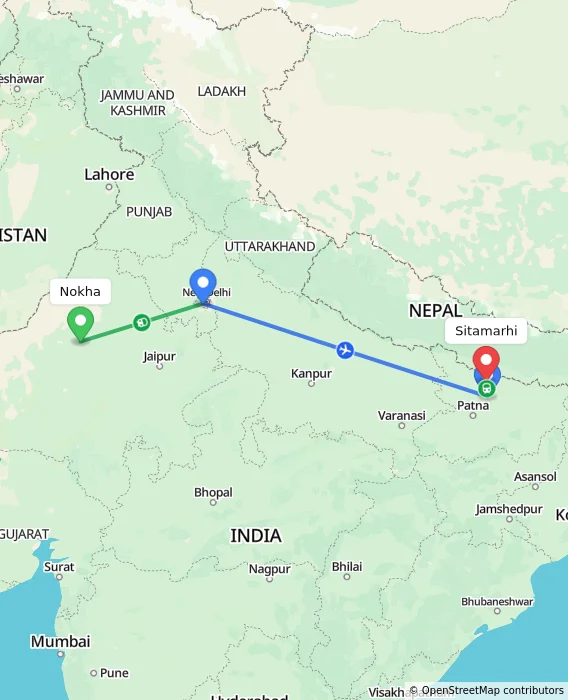 Route map showing distance and travel time from Nokha, India to Sitamarhi, India