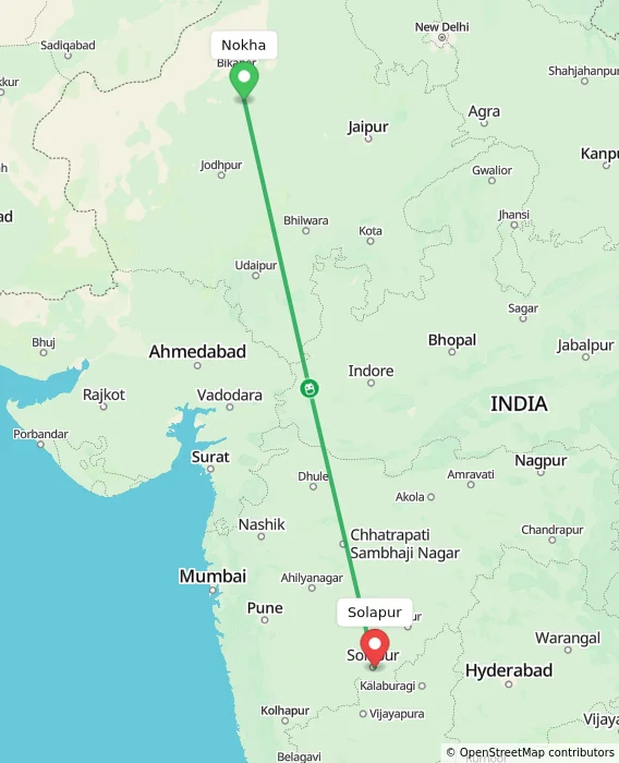 Route map showing distance and travel time from Nokha, India to Solapur, India