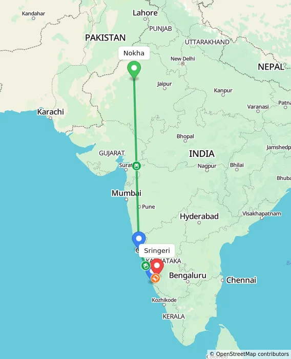 Route map showing distance and travel time from Nokha, India to Sringeri, India