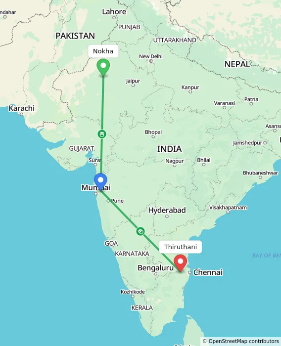 Route map showing distance and travel time from Nokha, India to Thiruthani, India
