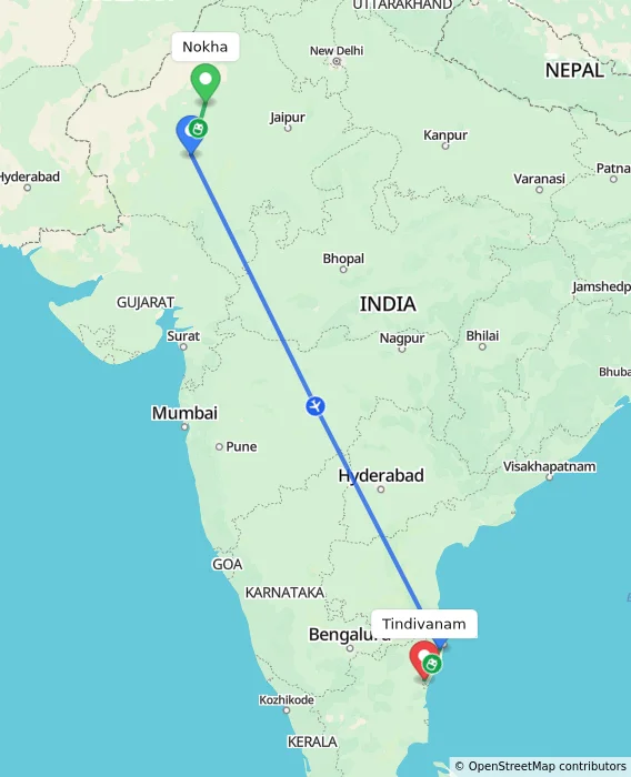 Route map showing distance and travel time from Nokha, India to Tindivanam, India