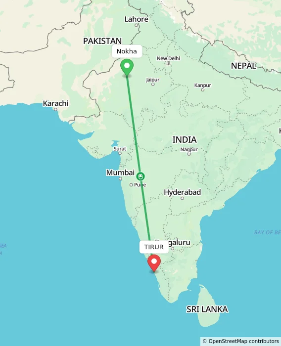 Route map showing distance and travel time from Nokha, India to TIRUR, India