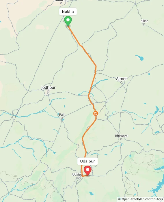 Route map showing distance and travel time from Nokha, India to Udaipur, India