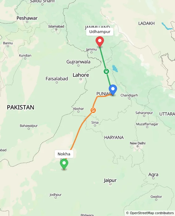 Route map showing distance and travel time from Nokha, India to Udhampur, India