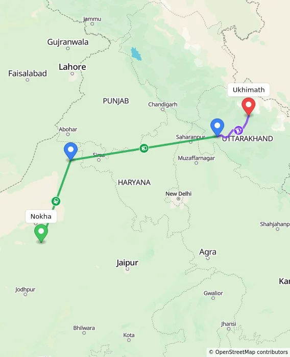 Route map showing distance and travel time from Nokha, India to Ukhimath, India