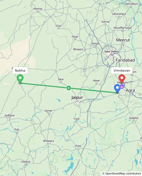 Route map showing distance and travel time from Nokha, India to Vrindavan, India