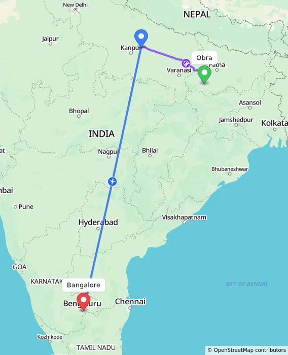 Route map showing distance and travel time from Obra, India to Bangalore, India