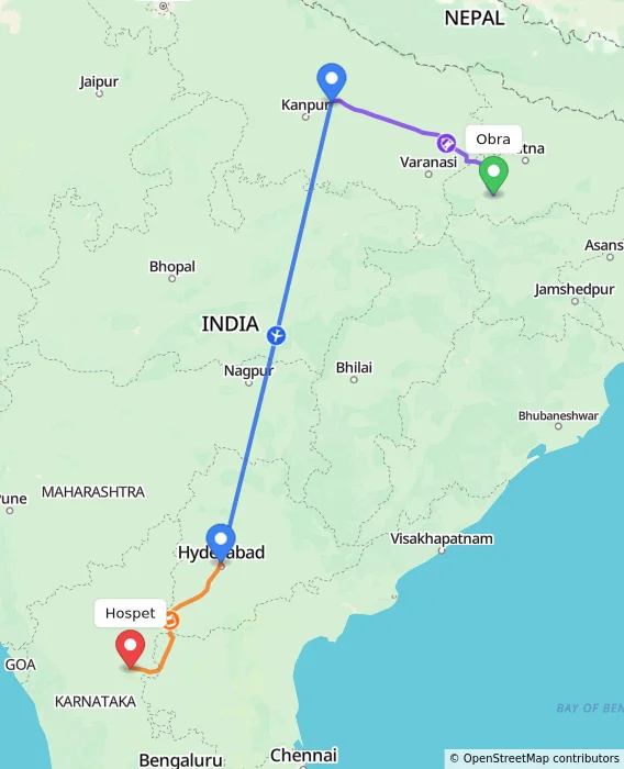 Route map showing distance and travel time from Obra, India to Hospet, India