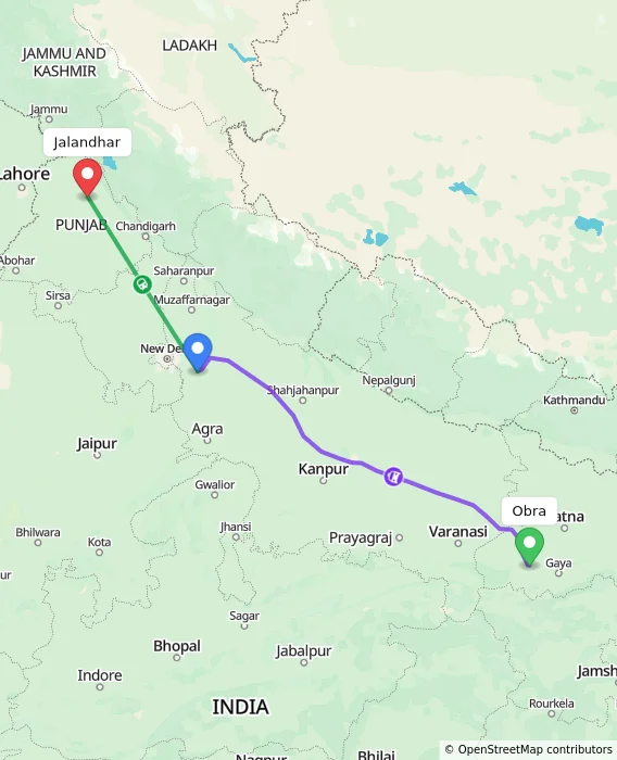 Route map showing distance and travel time from Obra, India to Jalandhar, India