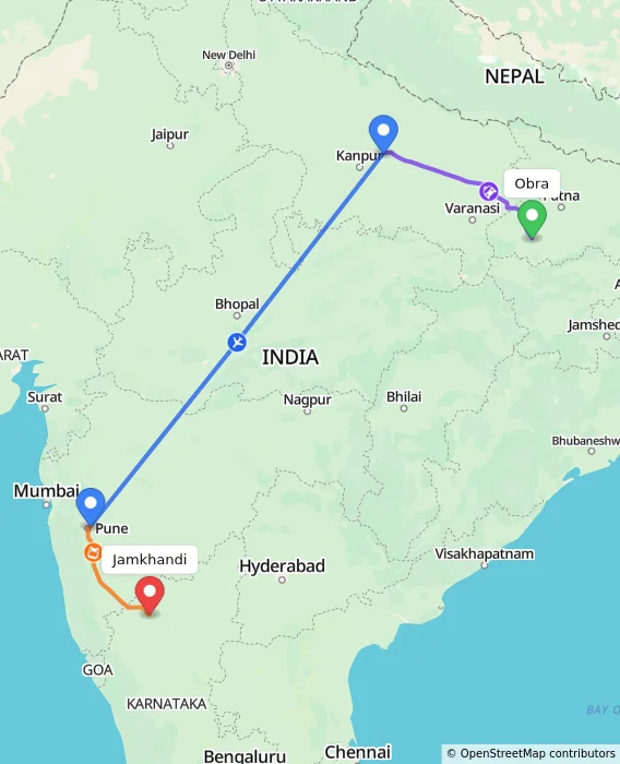 Route map showing distance and travel time from Obra, India to Jamkhandi, India