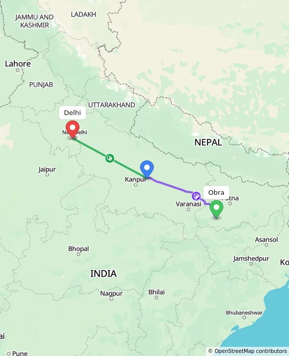 Route map showing distance and travel time from Obra, India to Delhi, India