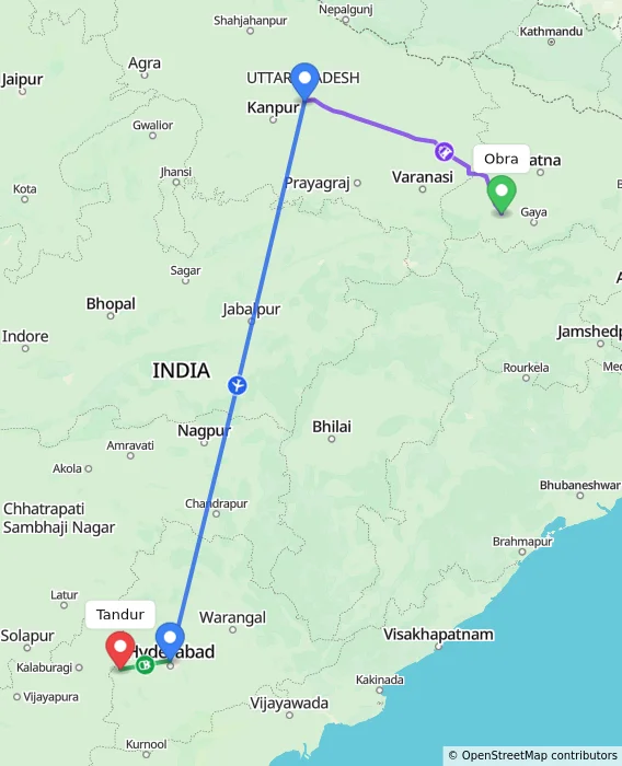 Route map showing distance and travel time from Obra, India to Tandur, India
