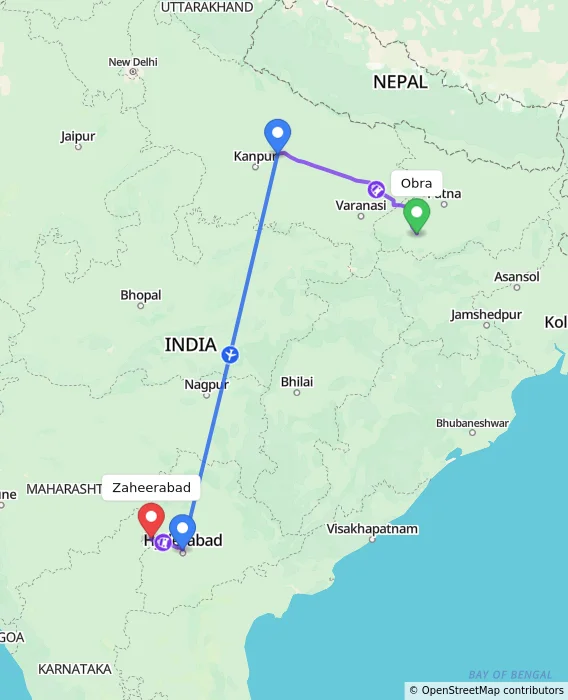 Route map showing distance and travel time from Obra, India to Zaheerabad, India