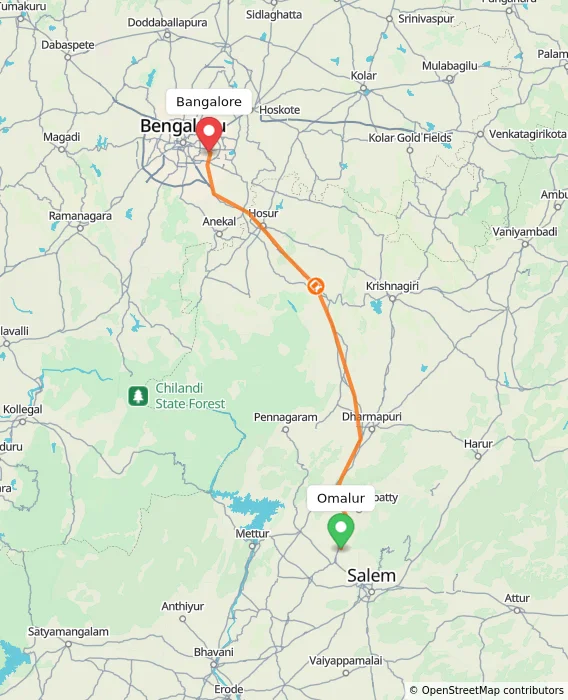 Route map showing distance and travel time from Omalur, India to Bangalore, India