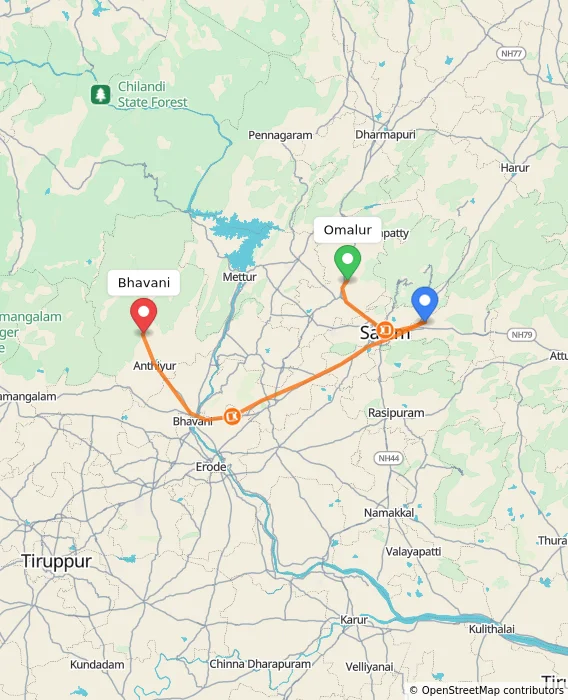 Route map showing distance and travel time from Omalur, India to Bhavani, India